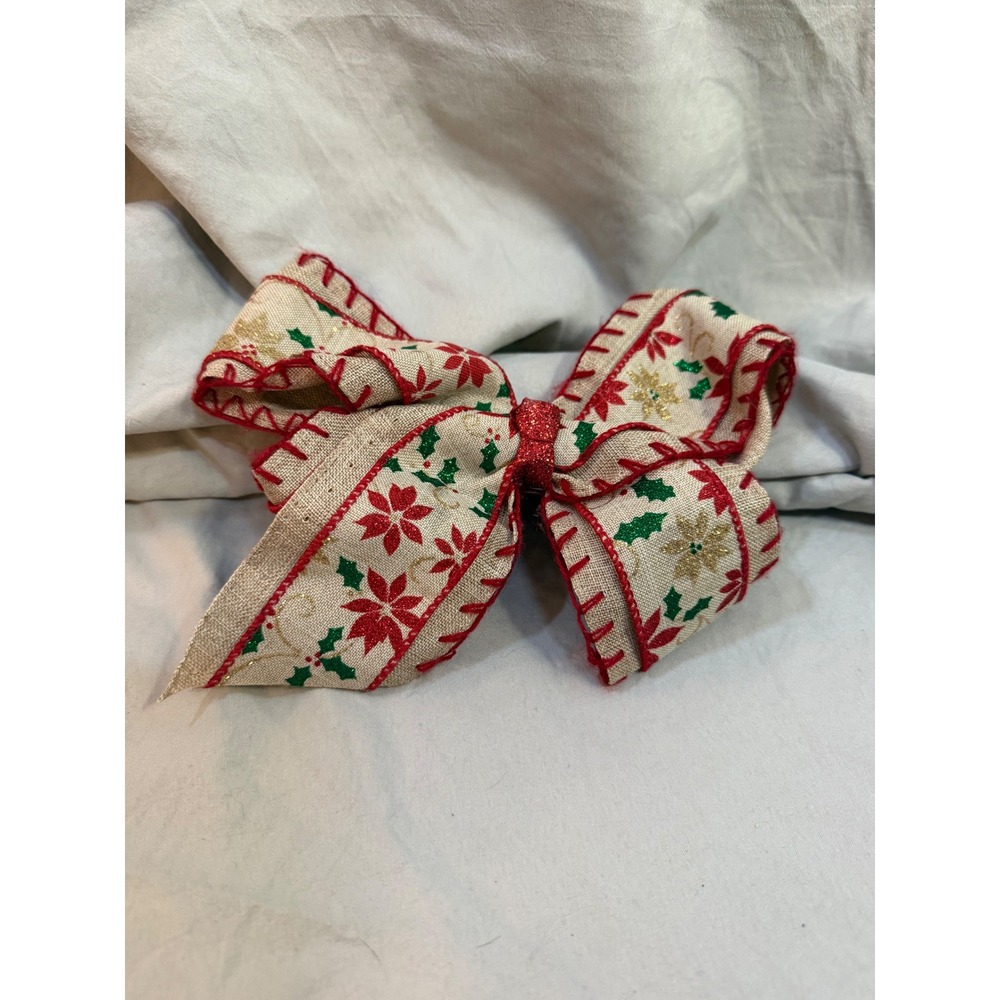 Christmas Poinsettia Burlap Hair Bow Red Green Gold Glitter French Barrette Clip
